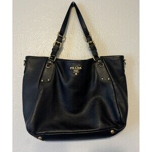 Prada Black Leather Shoulder Bag with Gold Accents